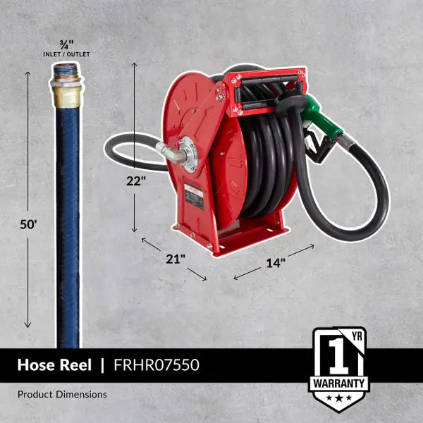 Enrouleur de flexible à carburant rétractable Fill-Rite FRHR07550 3/4" x 50' avec buse automatique adapté aux huiles essence, diesel, kérosène et légères