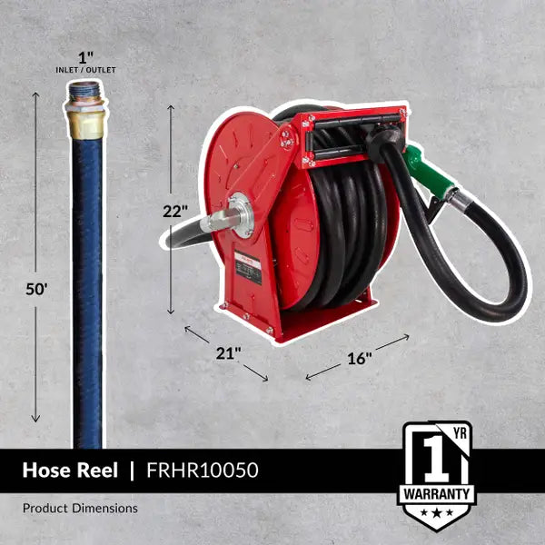 Fill-Rite FRHR10050 1" x 50' Retractable Fuel Hose Reel with Auto Nozzle Suitable for Gasoline, Diesel, Kerosene, and Light Oils